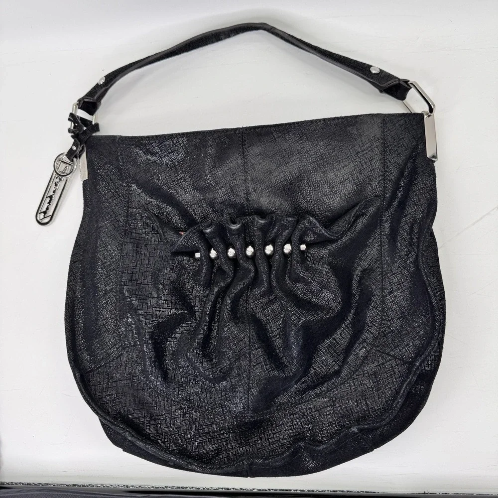 Y2K B MAKOWSKI Hobo Bag Slouchy Black Leather Studded Shoulder Cinched Combo